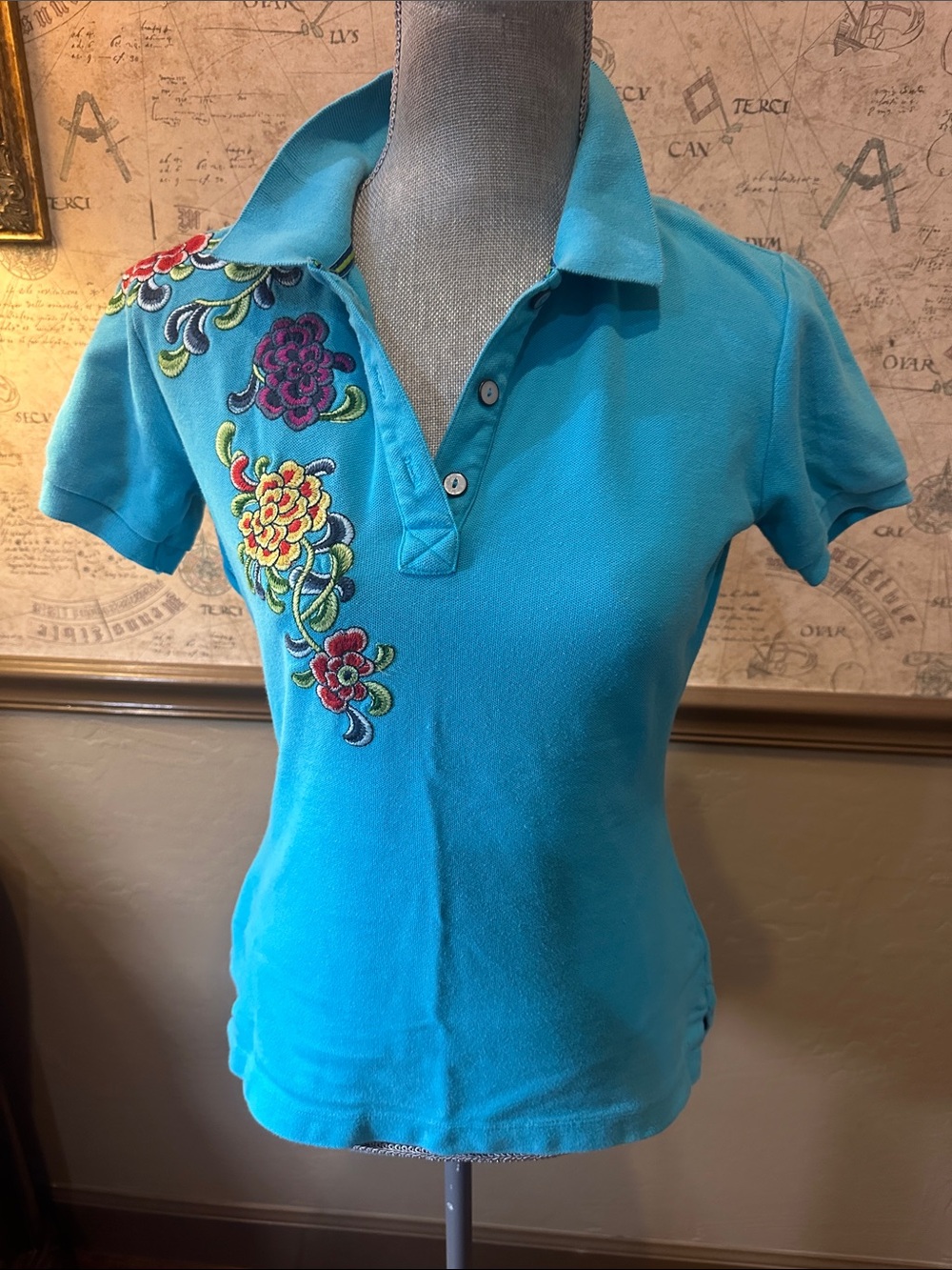 Johnny Was brand Turquoise Embroidered Polo Shirt for Women